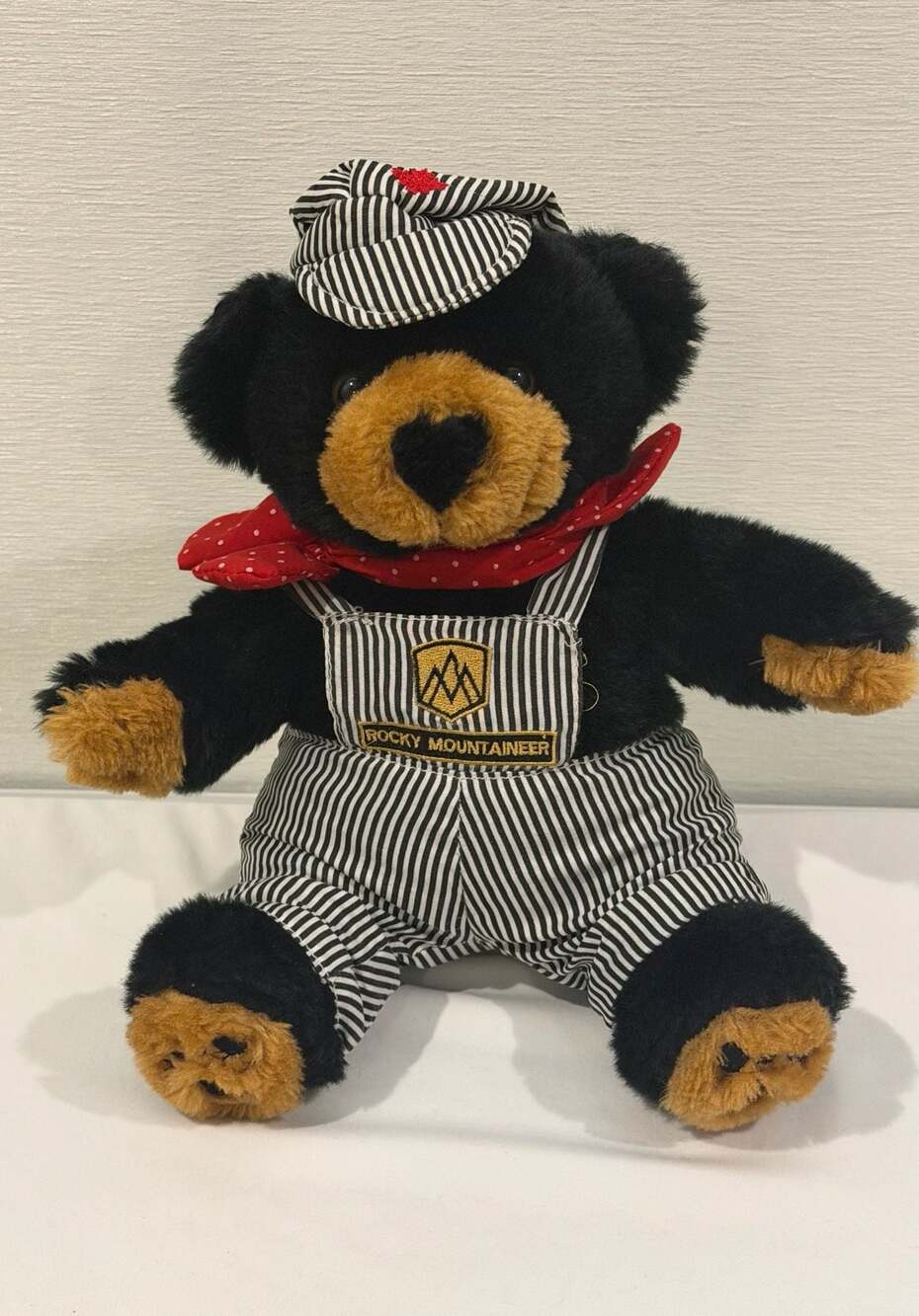 Rocky Mountaineer Train Engineer Black Bear Plush with Overalls and Hat